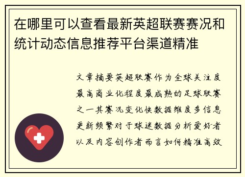 在哪里可以查看最新英超联赛赛况和统计动态信息推荐平台渠道精准 在哪里可以查看最新英超联赛赛况和统计动态信息推荐平台渠道精准