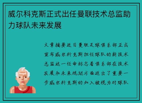 威尔科克斯正式出任曼联技术总监助力球队未来发展
