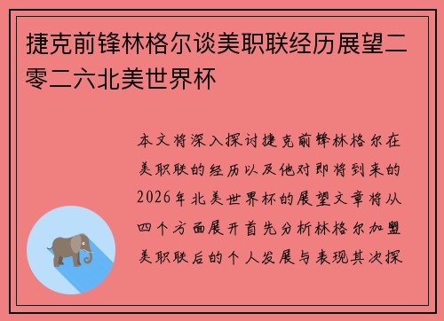 捷克前锋林格尔谈美职联经历展望二零二六北美世界杯