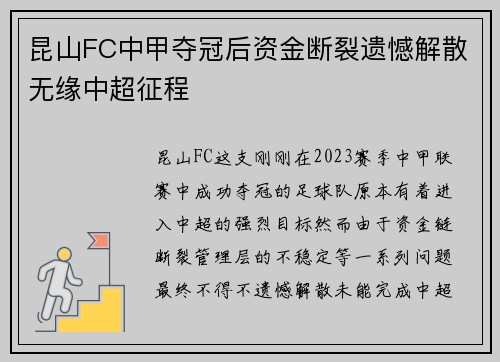 昆山FC中甲夺冠后资金断裂遗憾解散无缘中超征程